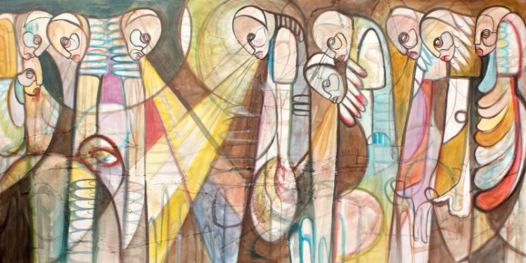 a bunch of people with their heads bowed